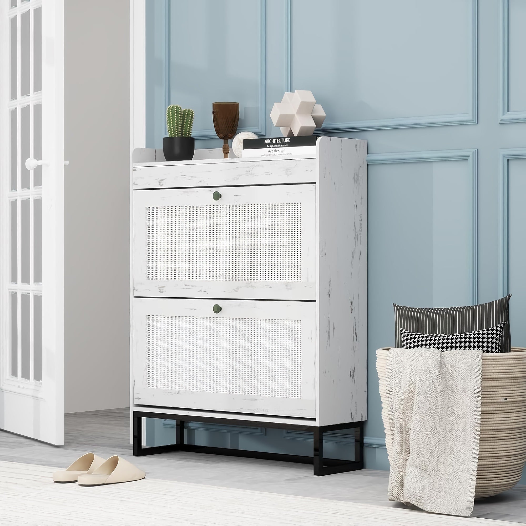 Shoe Storage Cabinet with 2 Flip Drawers, Storage Organizer with Rattan Doors, Metal Legs for Home, Entryway (White)- SWSC10 Shoe Storage Cabinet with 2 Flip Drawers, Storage Organizer with Rattan Doors, Metal Legs for Home, Entryway (White)- SWSC10